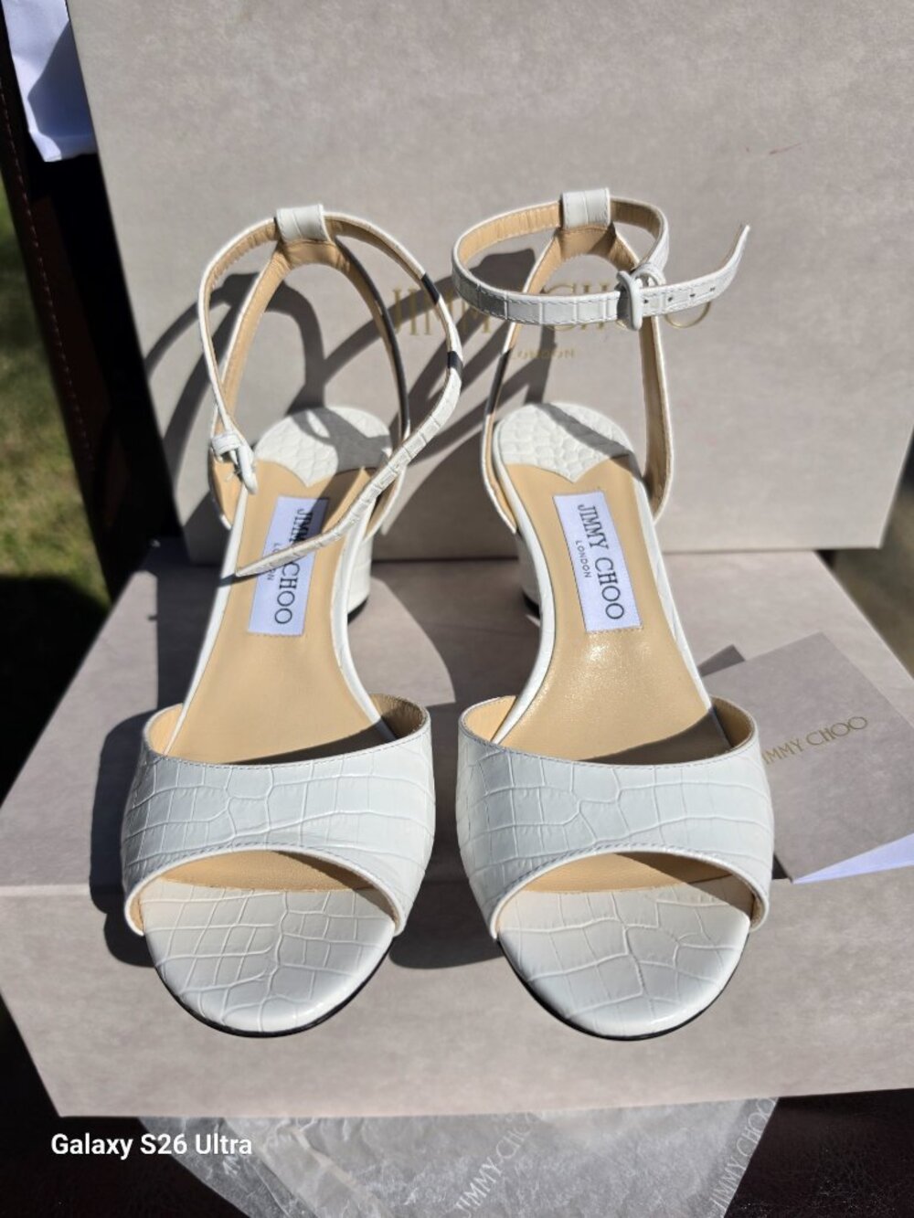 Jimmy Choo Miranda 65 Croc Embossed Leather Block Heel Sandals - White - Size 37